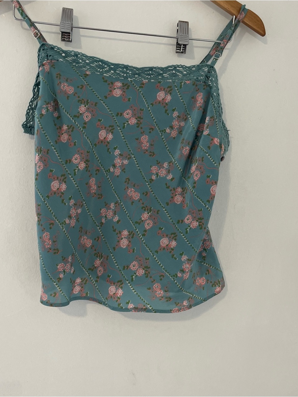 Free People Satin Colourful Floral Lace-Trim Camisole in Teal and Pink - NWT